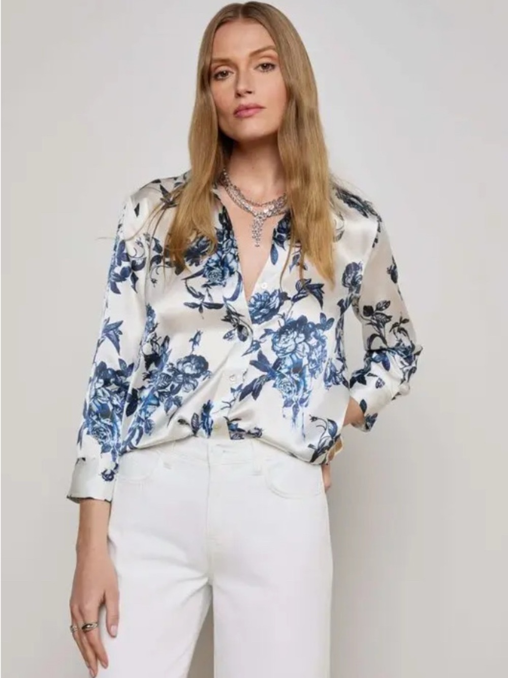 L’Agence Dani 100% silk blue white floral blouse NWT